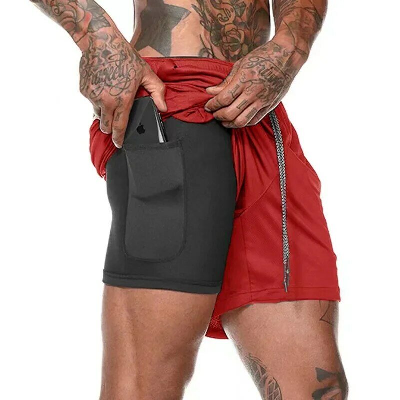 Pantalones cortos deportivos de camuflaje para hombre, 2 en 1, de doble cubierta, secado rápido, para gimnasio, Fitness, trotar, entrenamiento, 2021