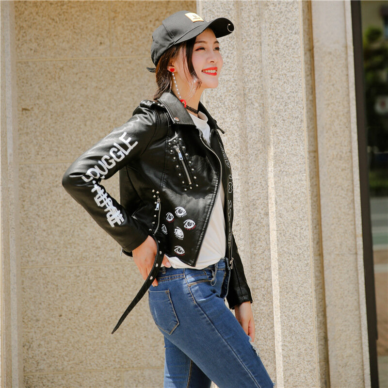 Jaket kulit tiruan untuk wanita, jaket kulit sintetis sepeda motor halus lengan panjang musim gugur musim dingin, mantel hitam Streetwear untuk wanita