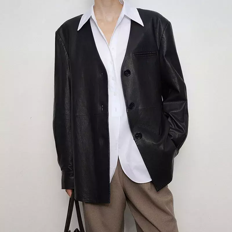 Kurtki skórzane 2024 jesień z długim rękawem do klapy odzież wierzchnia Casual Street Overshirts modna prawdziwa skóra czarne bluzki