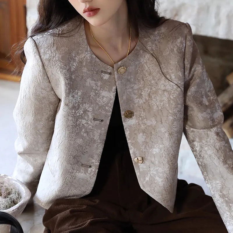 Jaket crop Jacquard desain Senior wanita 2024 atasan mantel lengan panjang kasual Korea Abrigos pendek berkancing sebaris elegan baru
