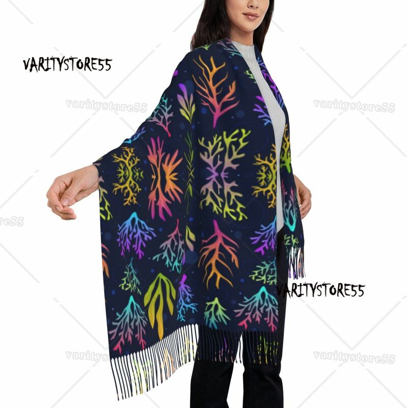 Scialle Pashmina da donna in corallo psichedelico avvolge la sciarpa con frange sciarpa lunga e grande