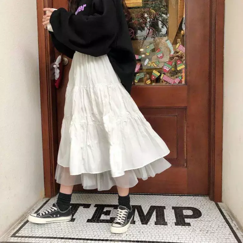 Rok Midi Tulle panjang wanita, Rok lipit jala pinggang tinggi elastis musim gugur 2024, rok panjang hitam putih untuk wanita