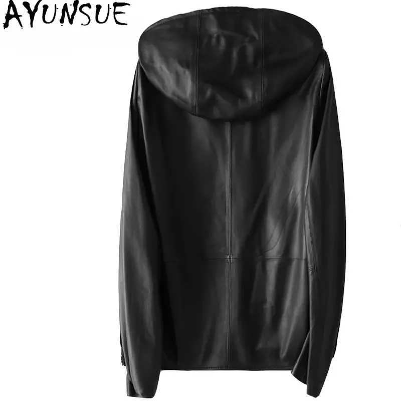 AYUNSUE-Casaco de pele de carneiro de couro genuíno feminino, jaqueta com capuz, qualidade superior, 100% real, primavera, 2023