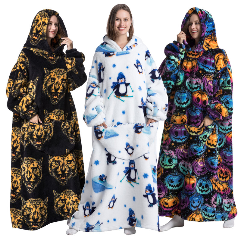 Super longo flanela cobertor com mangas inverno hoodies moletom feminino pulôver velo gigante tv cobertor oversized quente