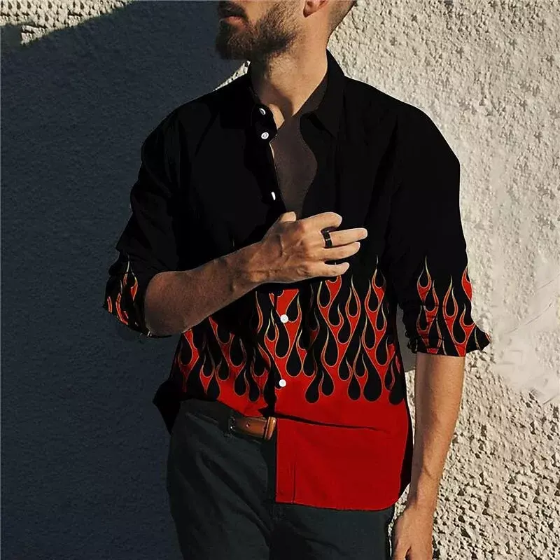 Мужская рубашка с длинным рукавом, Повседневная Уличная рубашка с цветочным принтом, черепом, пламенем, отложным воротником, весна-лето 2023