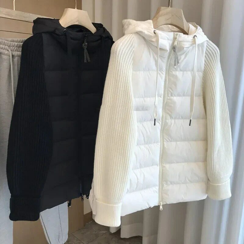 Nuovo 2023 moda giacca invernale donna parka con cappuccio lavorato a maglia Splicing Down cappotto di cotone femminile addensare caldo soprabito Outwear