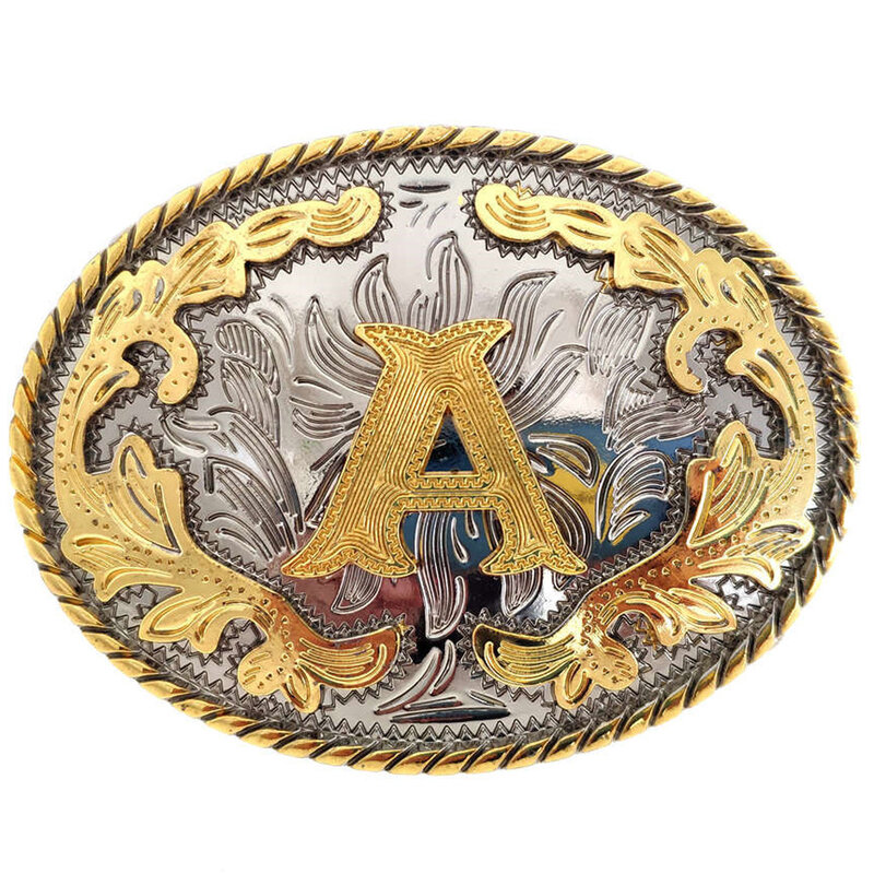 Cheapify-hebilla de cinturón ovalada para hombre y mujer, cinturón con 26 letras iniciales del oeste de ABC a Z, Cowboys, Rodeo, dorado, plateado
