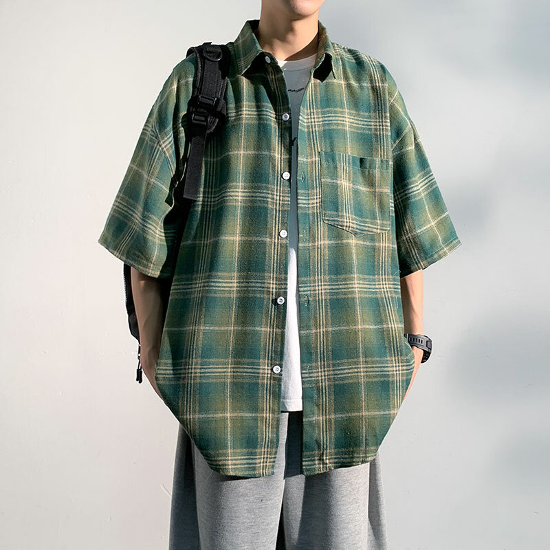 Camisa de manga corta para hombre, camisa holgada a cuadros de viento de Hong Kong, de verano, nueva