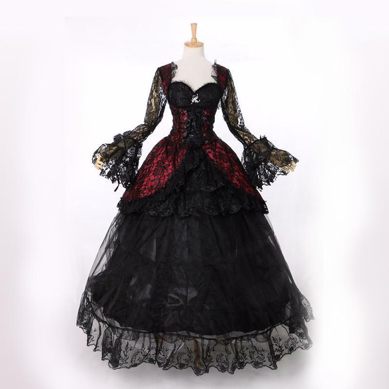 Gotycka wiktoriańska suknia ślubna rokokowa maskarada ślubna długi, rozszerzony rękaw kochanie czarne suknie z okresu Schwarz dla kobiet