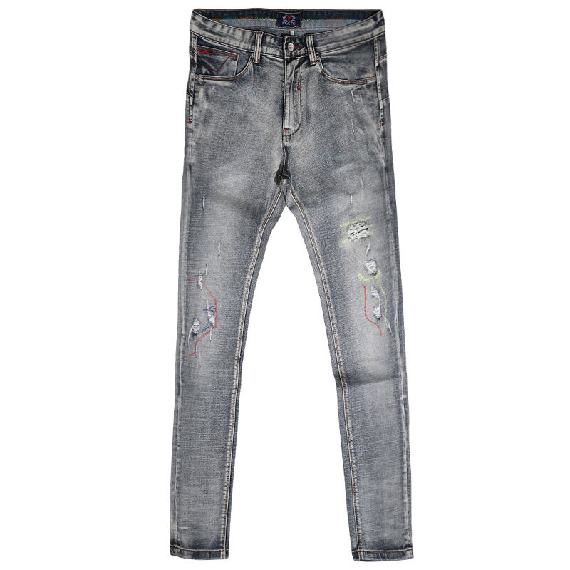Pantalones vaqueros rasgados elásticos Retro para Hombre, Jeans de diseñador con bordado, moda Vintage, gris y azul