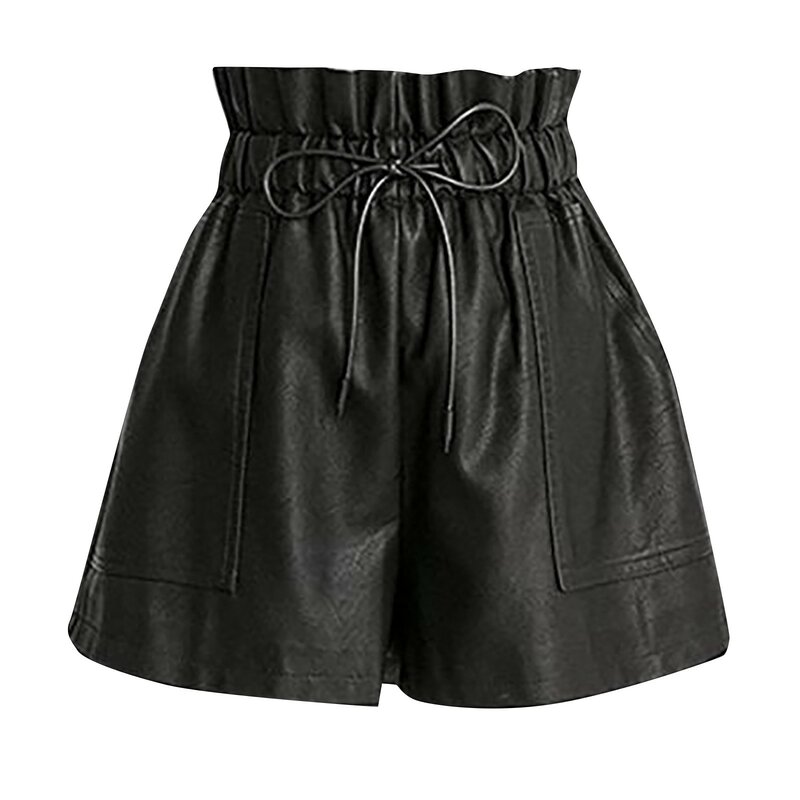 Skórzane szorty Pu dla kobiet nowa moda szorty z wysokim stanem luźna szeroka nogawki spodnie damskie Vintage Streetwear czarne krótkie spodenki