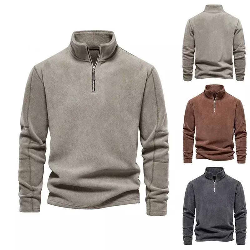 Fall Winter Warm Fleece Tops Men Sweatshirts Casual Long Sleeve Zipper Stand Collar Pullover Mens Fashion Solid Color Sweatshirt
