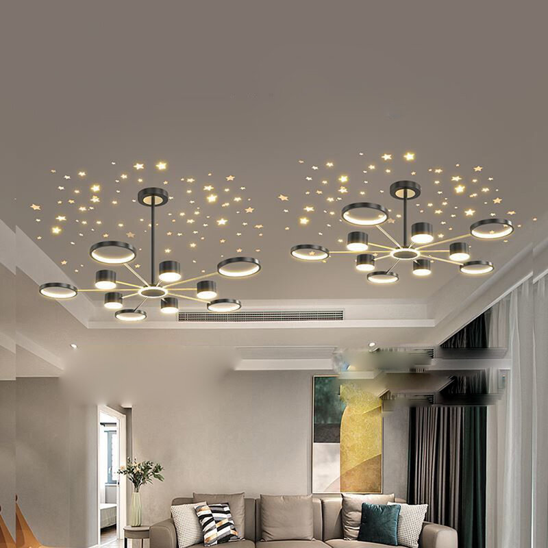 Lustre LED ciel étoilé romantique, lampe à suspension pour salon, salle à manger, chambre à coucher, luminaire doré noir, maison