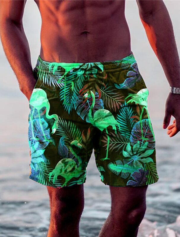 Pantalones cortos de baño para hombre, bañador con cordón, hoja, flamenco, gráficos, secado rápido, informal, vacaciones, Hawaiano, microelástico