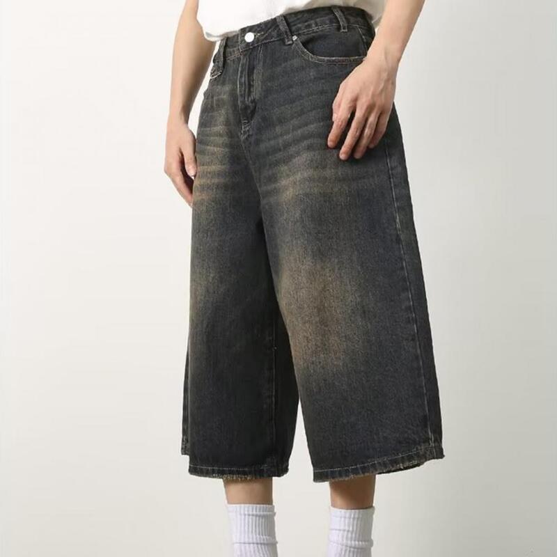Jean court taille moyenne pour homme, pantalon en denim, tissu denim, jambe large, document nickel é, mode streetwear