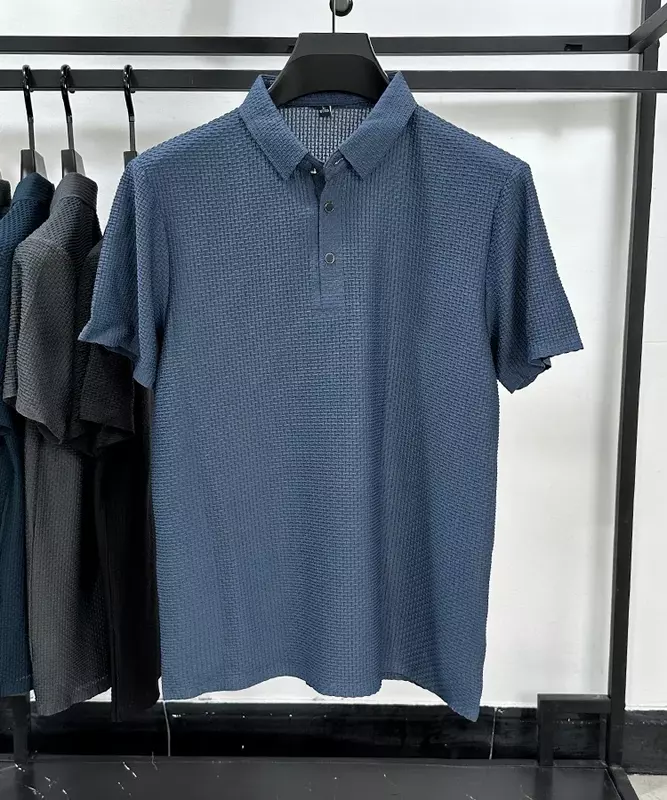 High-End Ijs Zijden Poloshirt Met Korte Mouwen Heren In Zomer Uitgehold Elastisch Ademend T-Shirt Mode Effen Casual Merkkleding