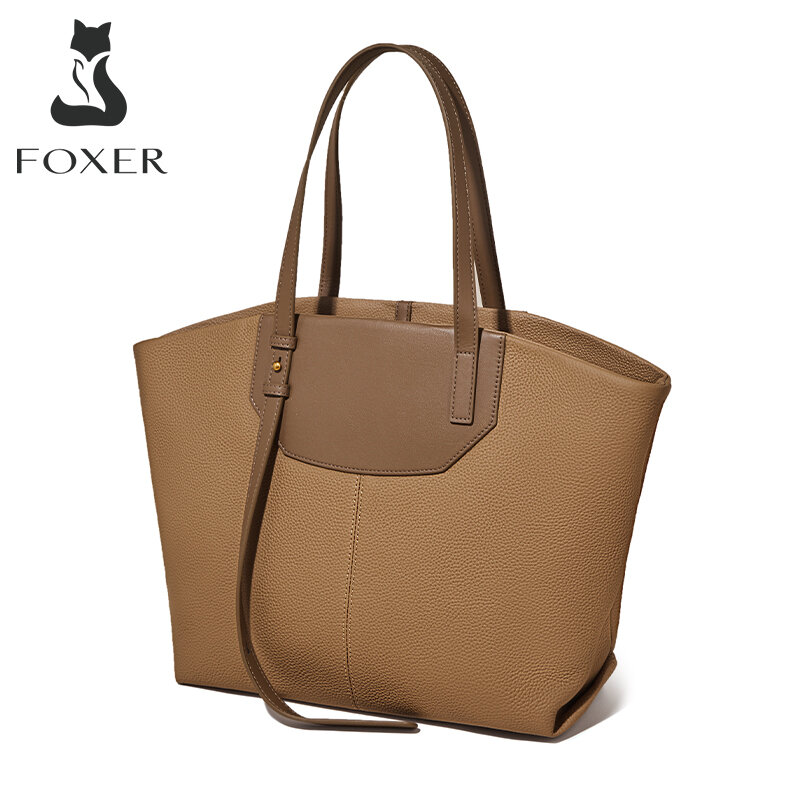 FOXER tas tangan kulit asli untuk wanita, tas selempang kulit sapi ukuran besar, tas bahu kulit sapi untuk wanita