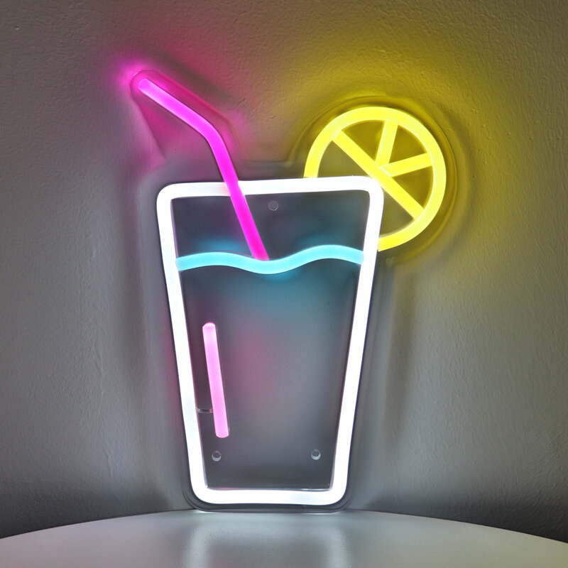 1pc Juice Cokatails With Lemon LED Wall Neon Art Sign Light For Club Bar Juice Shop Decoration 7.01''*9.80''