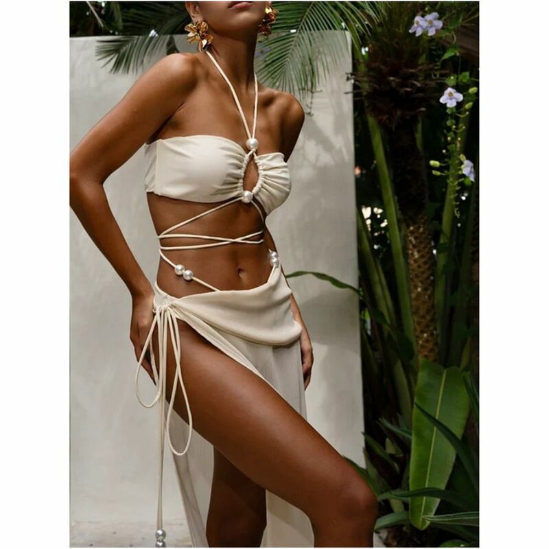 Neck holder Perle Bandeau Bikini schick hohe Taille sexy Badeanzug Sarong 2024 neue feste Bade bekleidung Frauen Schnürung Mujer Biquini