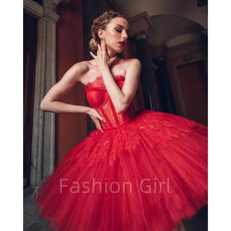 Sexy Red Tulle Evening Dress Ball Gown Strapless Lace Short Mini Skirt Sleeveless Luxury Prom Dresses Special Occasion 2024