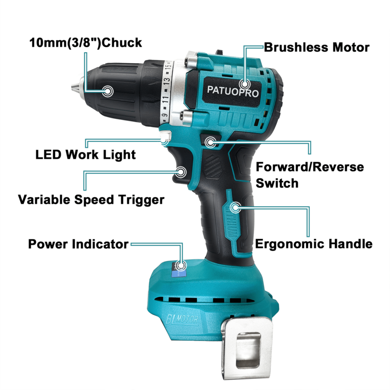 10mm Brushless Cordless Drill Electric Hand Drill Screwdriver 2 Speed 23 Torque Setting fit Makita 18v Battery (No Battery)