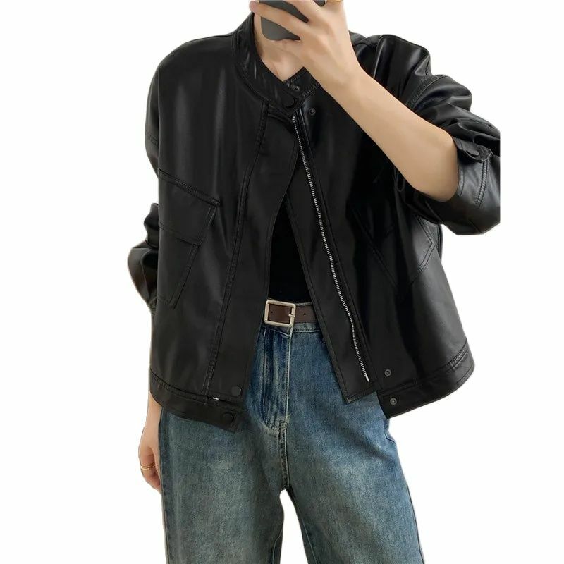 Casaco feminino curto de couro PU, casaco solto cor pura, bolso com zíper preto, moda feminina, novo, primavera e outono, 2024
