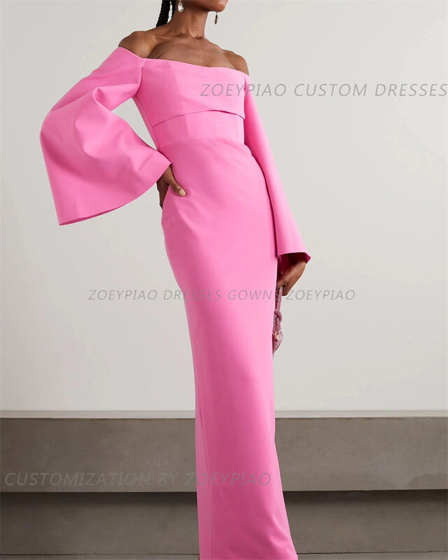 Женское атласное платье-футляр, розовое длинное вечернее платье с длинным рукавом и открытыми плечами, модель 2024