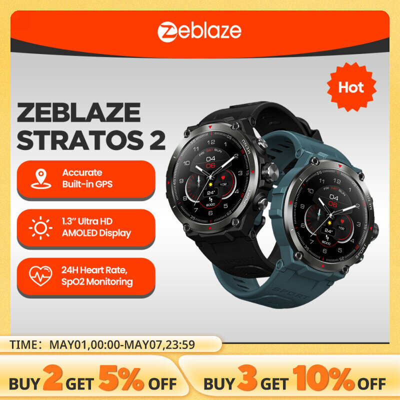 Zeblaze stratos 2 gps smart watch amoled display 24h gesundheits monitor 5 atm lange akkulaufzeit smartwatch für männer