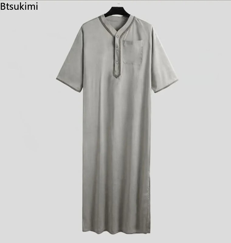 Мусульманский модный мужской Jubba Thobe, Однотонный женский Средний халат, саудовская мусульманская рубашка с воротником-стойкой, исламский арабский кафтан, Мужская абайя