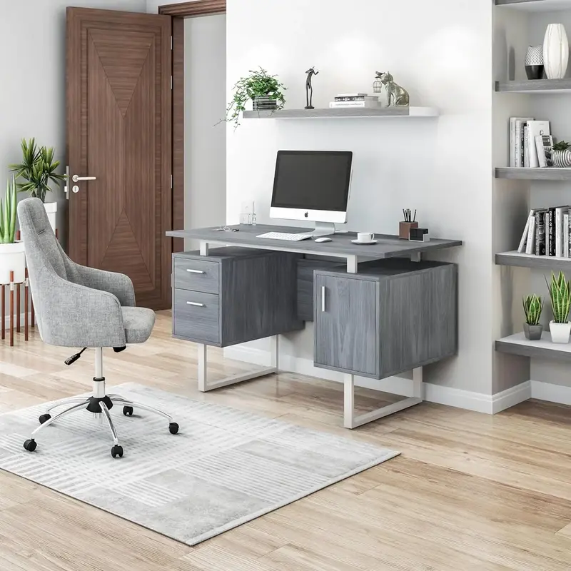 Modern Office Desk com armazenamento, cinza