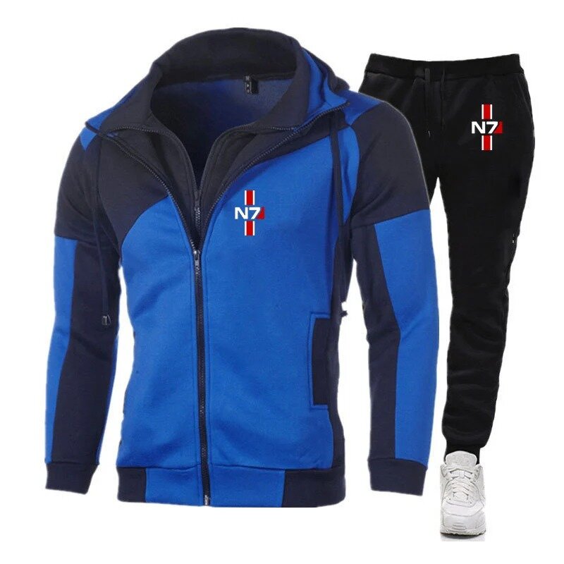N7 Mass Effect Men Spring and Autumn Casual Color Matching Design Hoodie + Trousers New Diagonal Zipper Two-piece Suit