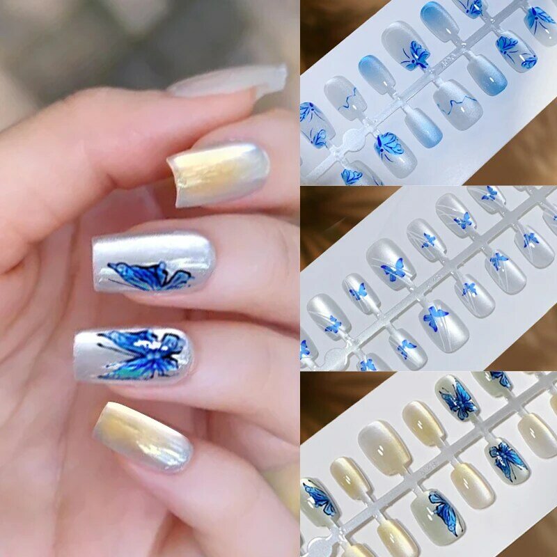 Uñas postizas magnéticas con purpurina de mariposa azul, accesorios para manicura bonita y elegante, puntas completas desmontables, 30 piezas
