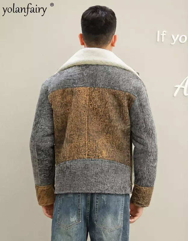 Jaqueta de couro verdadeira masculina, casaco de lapela curto de ovelha, roupa natural, moda masculina, original, F
