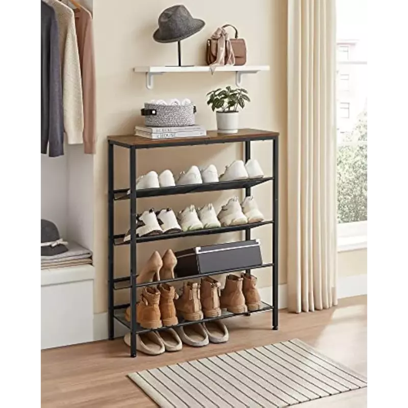 Półka na buty do przedpokoju, 5-poziomowe półki do przechowywania butów, organizer na buty 16-20 par z solidnym drewnianym blatem i stalową ramą, brązowy/srebrny