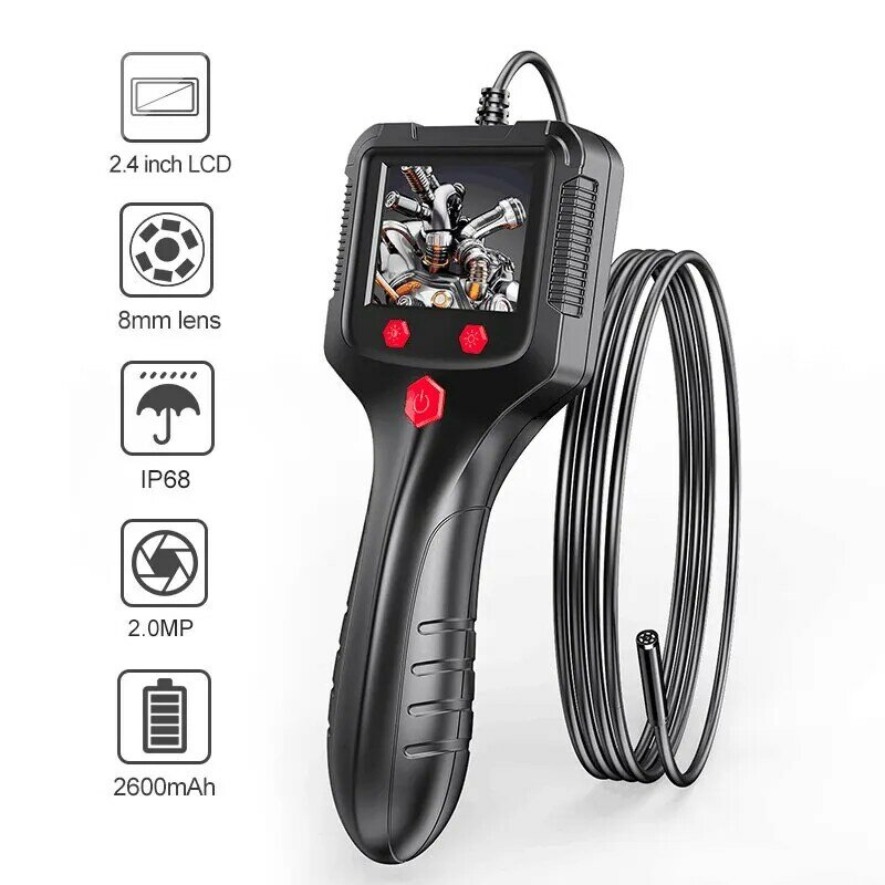 2.4 In IPS Screen Industrial Endoscope Camera HD1080P Pipe Sewer Inspection Borescope IP68 Waterproof LEDs 2600mAh For Car