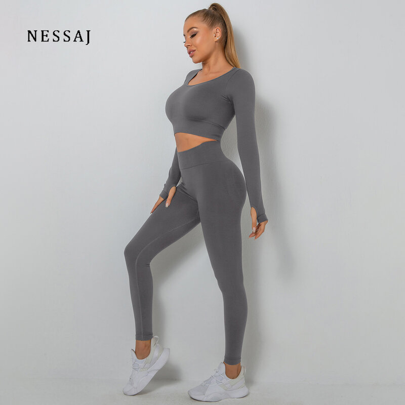 Set Pakaian Yoga Mulus Celana Panjang Lengan Panjang Wanita Celana Olahraga Pinggang Tinggi Setelan Atasan Crop Pakaian Latihan untuk Wanita