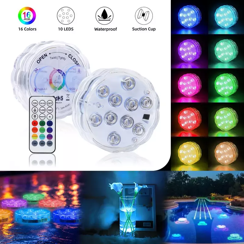 10leds RGB Submersible Light Underwater LED Night Light Swimming Pool Light for Outdoor Vase Fish Tank Pond Disco Wedding Party