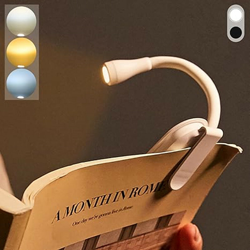 Lampu LED Mini, lampu malam pelindung mata klip dapat disesuaikan 360 ° Flip lampu belajar 3 warna untuk perjalanan kamar tidur membaca