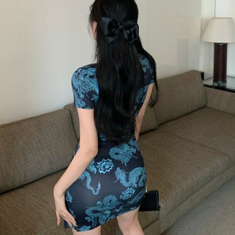 Nadruk ze smokiem z krótkim rękawem Cheongsam Retro rozwidlenie Vintage chiński Cheongsam sukienka wydrążona szczupła odzież damska impreza