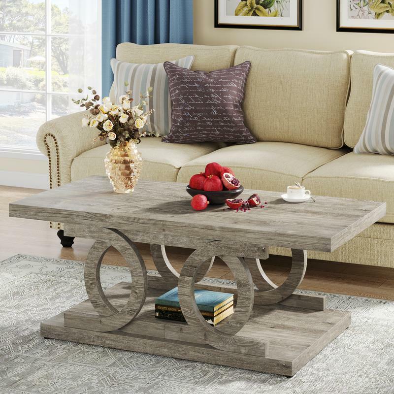 Mesa de café de madeira rústica com prateleira de armazenamento, 2 camadas, mesa retangular grande para sala de estar, 47"