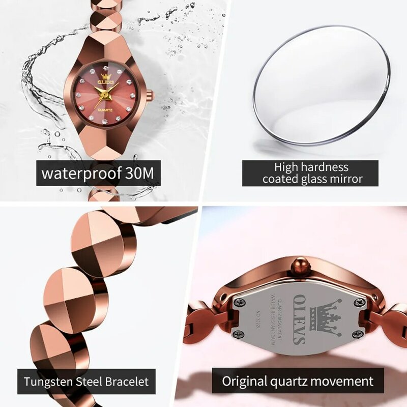 OLEVS 2024 модные элегантные женские часы с браслетом из вольфрамовой стали цвета розового золота Роскошные Кварцевые часы с бриллиантами от ведущего бренда Reloj Hombre