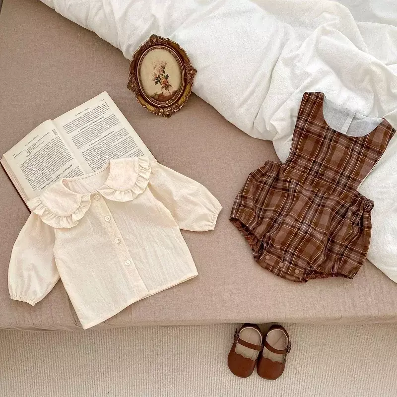 Cute Newborn Baby Girl Clothes Long Sleeve Peter Pan Collar Shirt Tops Plaid Bodysuit Romper Outfits INS Princess Autumn Suit