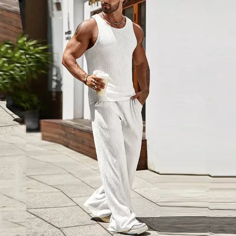 Men's Sets Sleeveless Knitted Tank Top and Pants Two Piece Solid Color Sports and Leisure Set for Men