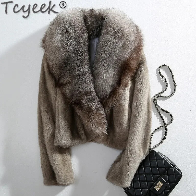 Casaco de pele de vison twinyeek natural feminino, casacos curtos inteiros, jaqueta feminina, colarinho de raposa quente, estilo novo, roupas de inverno, 2022