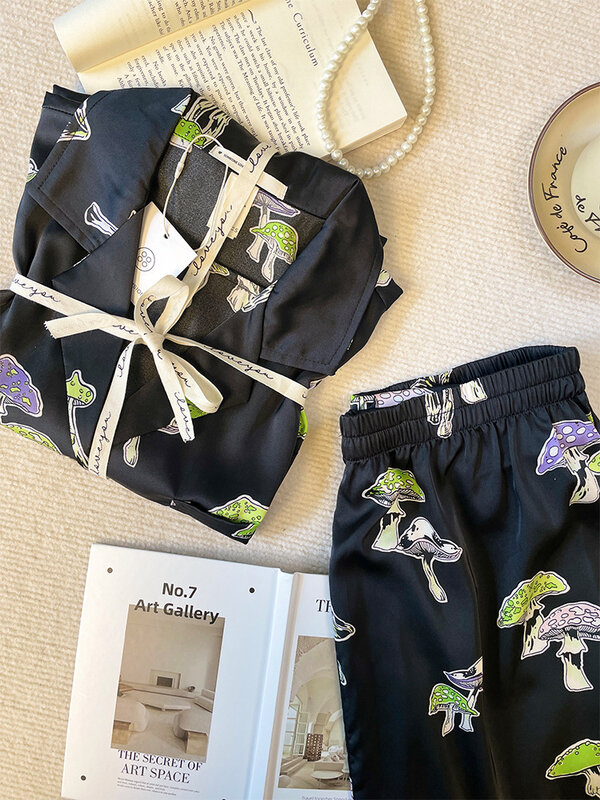 Newlook-Pijama preto com estampa de cogumelos, novas roupas de casa de seda de manga curta, moda high-end, verão