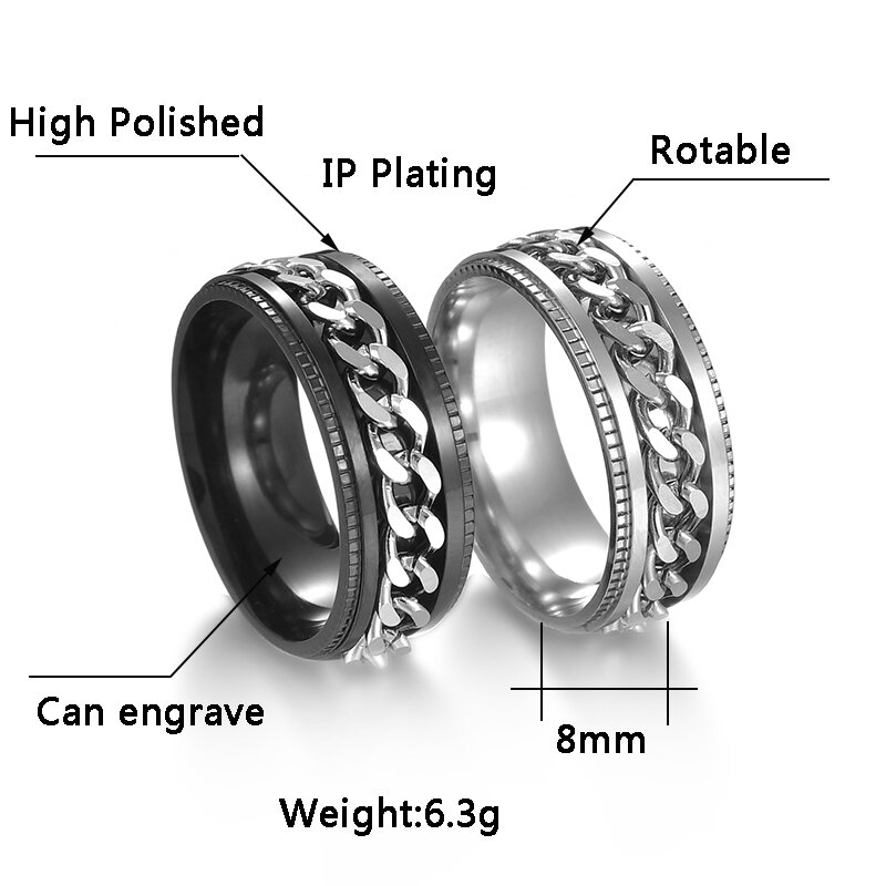 Крутое вращающееся мужское кольцо из нержавеющей стали, женское Ювелирное Украшение в стиле панк с высокой искусственной цепью, в подарок