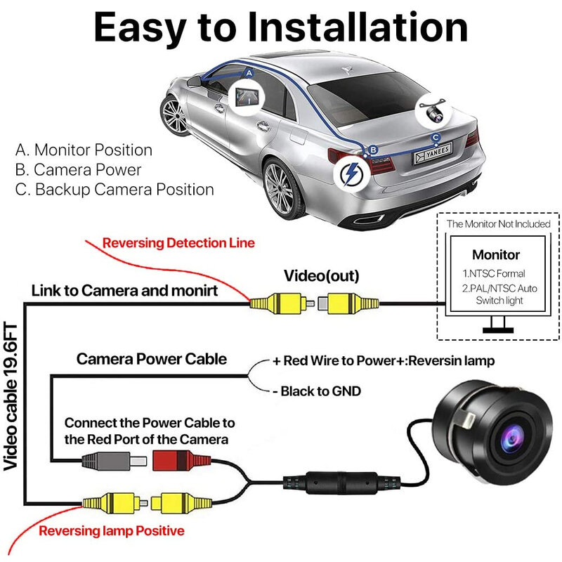 Kamera spion mobil, gambar HD penglihatan malam membalikkan kamera parkir otomatis IP68 tahan air CCD LED Monitor cadangan otomatis 170 derajat