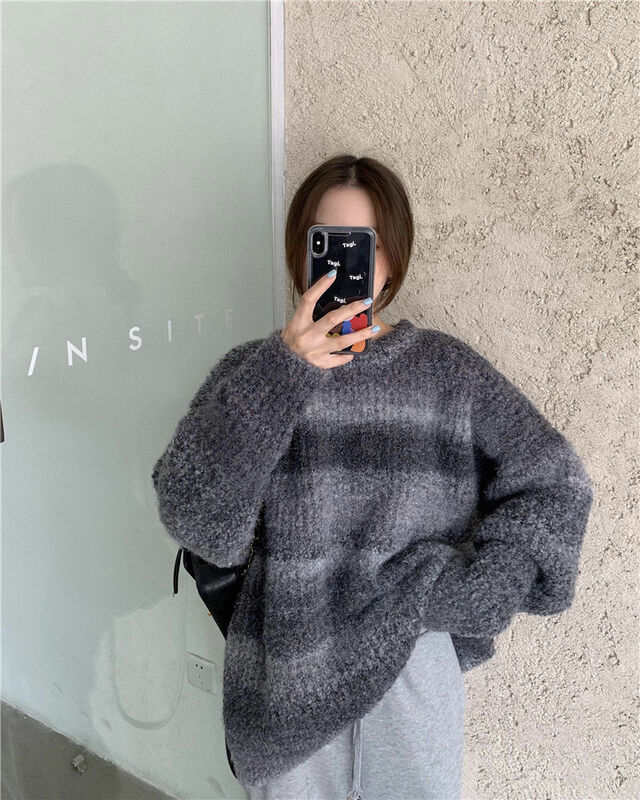 Damski sweter z dzianiny Retro japoński gruby sweter luźny damski odzież wierzchnia tie-dye gradient zimowy nowy sweter