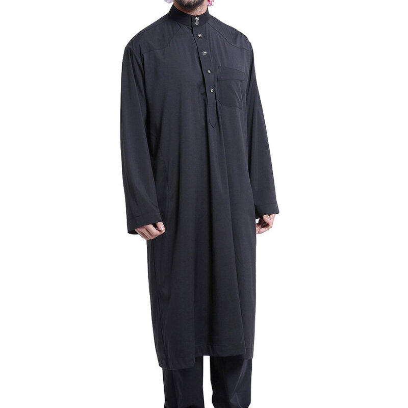 2023 Middle Eastern Ensembles Musulmans Solid Color Men's Abaya Long Sleeve Stand Up Collar 2-piece Set Saudi Black Abayas