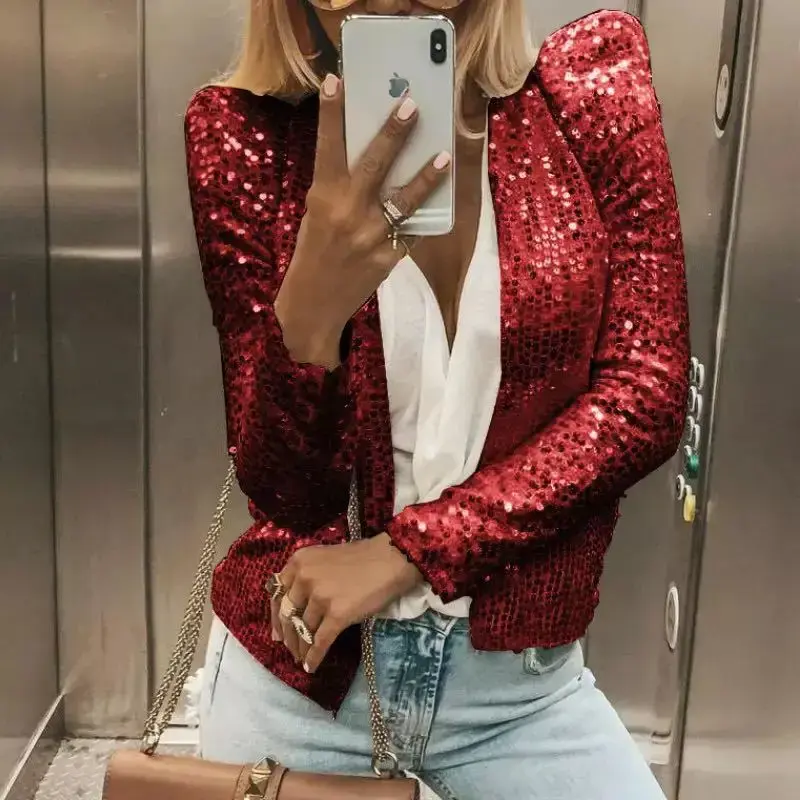 2024 spring new European and American women's fashion stand collar matching color sequin coat short casual coat with small sui
